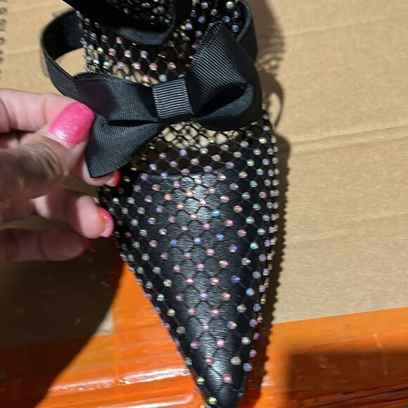 BLACK FISHNET DIAMANTE ANKLE BOOTIE WITH BOW - Picture 6 of 6